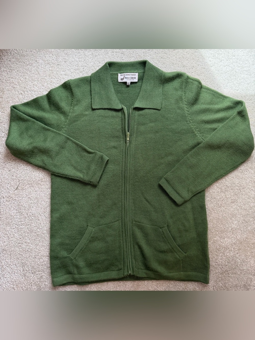 100% Alpaca Green Zip-Front  Sweater